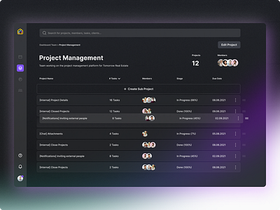 Task and Project Management Tool dark mode dashboard glow gradient inter list management manager project rows task