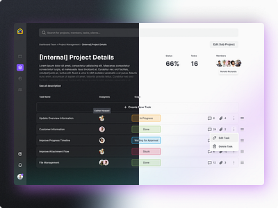 Task and Project Management Tool dark mode dashboard glow gradient inter light mode list management manager project rows status task