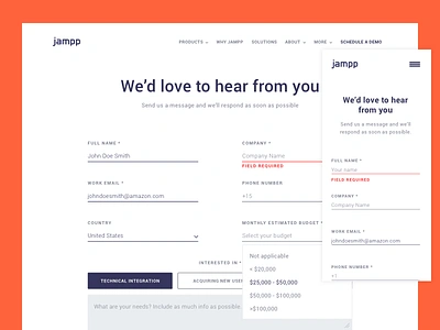 Jampps' contact us form contact us design fields form jampp mobile responsive ui