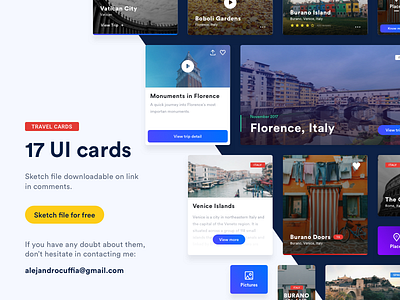 Free UI Cards attachment cards design europe file free gradient icon sketch travel trip ui