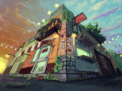 Street corner where we meet colorful digital painting illustration