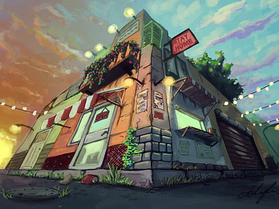 Street corner where we meet colorful digital painting illustration