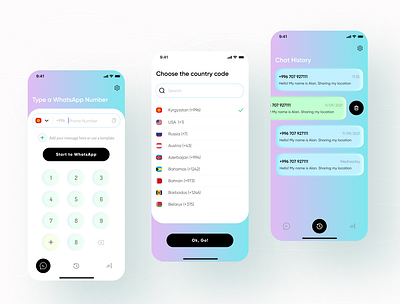 Chat Direct Mobile App: Send message without saving phone # 📲 app design card design gradient graphic design mobile app design mobile ui typography ui