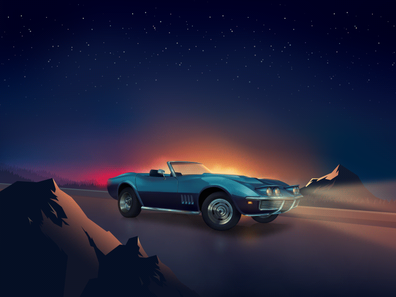 Chevrolet Corvette blue car illustration landscape night realistic road rocks sunset valley vehicle