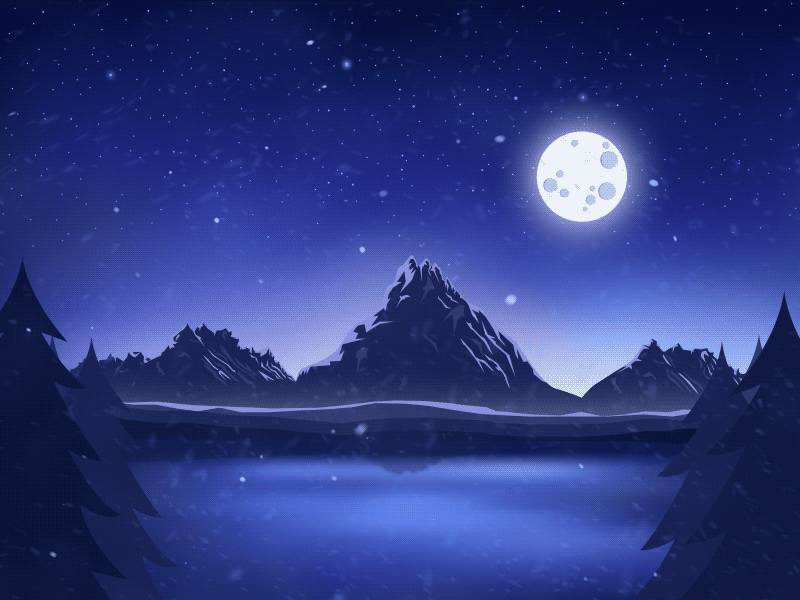 Arctic Snowy Night animation blue lake landscape moon mountains sky snow stars trees winter