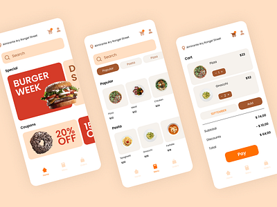 Food App Design app burger cart coupon design food orange product red ui ux