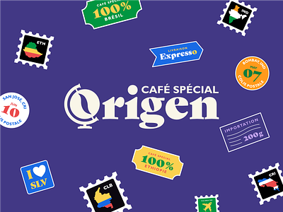 Origen Café Spécial - Logo brand branding brazil coffee coffee cup colombia espresso logo postal stamp stickers