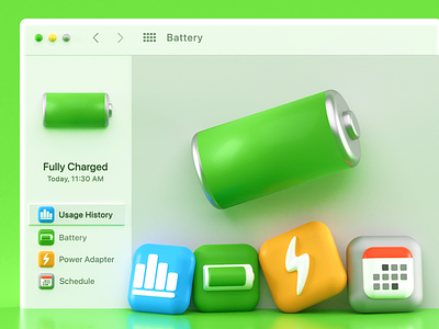 Apple BigSur Battery 3d Icons Concept 3d app battery bigsur blender blender 3d calendar charger concept icon icon design iconography illustration ios ios14 page power schedule settings window