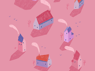 Pink town art birds color cover drawing house illustration map pink procreate stay home town