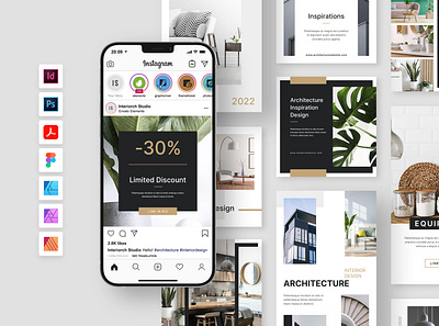 Interiorch – Architecture and Interior Instagram Templates affinity template banner carousel discount full hd screen indesign template instagram instagram ads instagram post instagram story instagram templates photoshop template psd template sale square ads template download ui design ui ux webdesign website