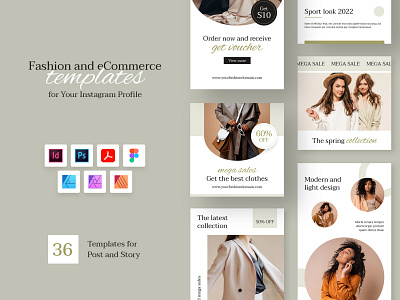 Fashion eCommerce Instagram Templates adobe affinity banner clothes discount download fashion figma template instagram post instagram post template instagram stories instagram story instagram story template lifestyle photoshop template sale social media template square banner ui design web elements