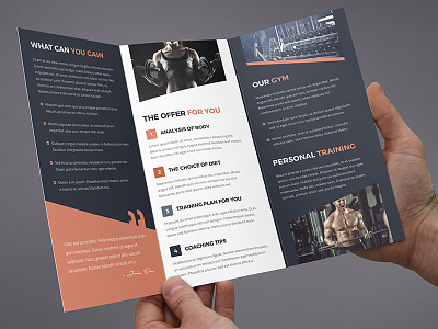 Brochure – Gym Tri-Fold Template body builder brochure brochure tri fold fitness club gym gym center offer print template slant strong trainer training