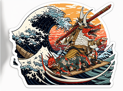 Shrimp samurai rides a shark and fig ai draw illustration midjourney stamp