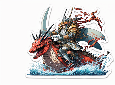 Shrimp samurai rides a shark and fig #2 ai draw illustration midjourney stamp vector