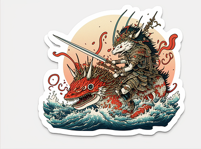 Shrimp samurai rides a shark and fig #3 ai draw illustration midjourney stamp vector