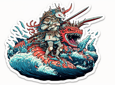 Shrimp samurai rides a shark and fig #4 ai draw illustration midjourney stamp vector