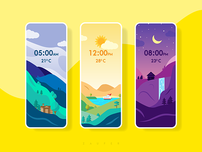 Dawn to Dusk - Mobile Screen Concepts abstract adobe illustrator adobe xd art branding dawn design dusk flat icon illustration illustrator logo minimal mobile ui nature ui ux vector