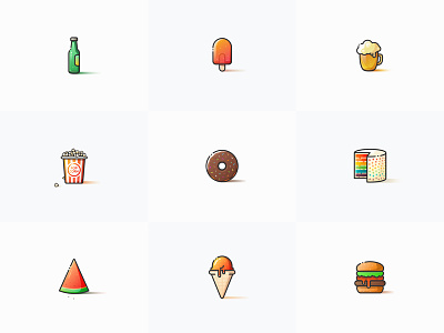 Food & Drink beer clean colorful food hamburger icecream icon orange red style yellow