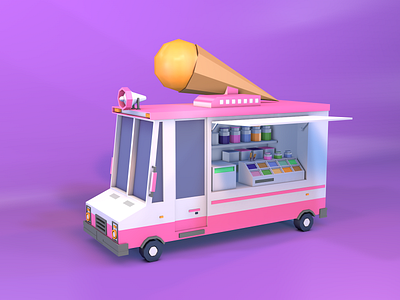 Low Poly Ice Cream Car 3d car cinema 4d cinema4d design graphics ice cream lighting low poly model modeling pink texturing white