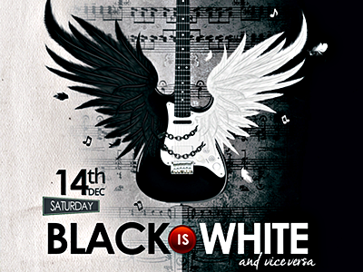 Music Is Color Blind Flyer angel wings black and white flyer black wing concert promotion festival gig guitar photomanipulation monochromatic flyer music photomanipulation flyer rock flyer white and black poster white wing