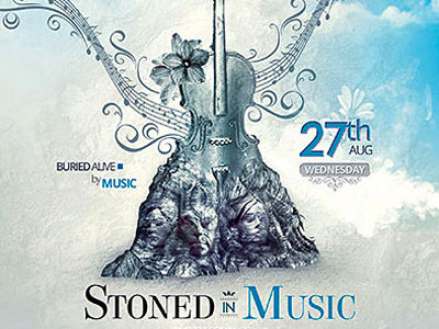 Stoned In Music Flyer advertising template artistic creative creative flyers dark extravagant festival poster rock concert gothic halloween music photomanipulation violin photomanipulation
