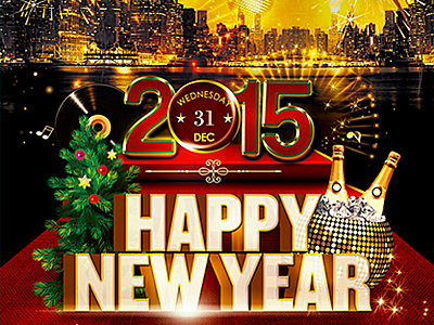Holiday New Year Flyer 12 oclock 2015 flyers celebration ceremony champagne cooler christmas tree fireworks poster happy anniversary flyer happy new year midnight city skyline new year party new years eve red carpet stage