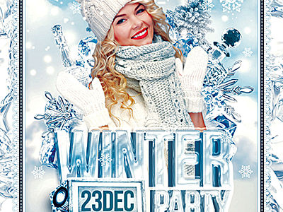 Winter Party Flyer beautiful landscape happy holidays flyer ice bottle ice cubes frost ice music speakers merry christmas sexy santa snow drift snow snowflakes snow tree white poster winter sports party