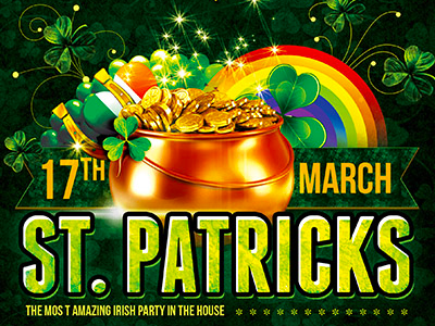 Saint Patricks Poster advertising template clover leaves coins green flyers grunge background irish flag heart lucky holiday money pot patrick day poster rainbow saint patricks flyer vintage texture