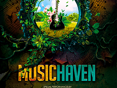Music Haven Flyer advertising template artistic amazing extravagant book cover creative posters graphic illustration green poster magic forest music flyers nature photomanipulation outdoor events rock concert festival violin photomanipulation