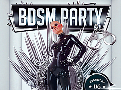 Bdsm Party Flyer bondage dominance erotic gay lesbian hot submission kinky flyer latex catsuit pole dancing rock party poster sex games sexy dominatrix stripper striptease studs chains whip handcuffs