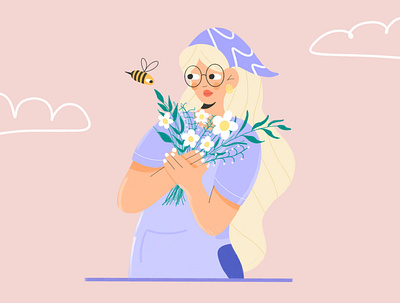 Girl with bee bee character characterdesign color flower flowers girl hand honey illustration pink procreate