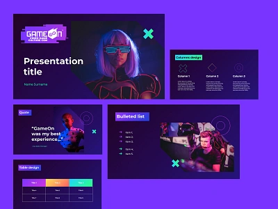 Gameon slides design arcade bold font branding design bright color business concept design cosmicode dark design futuristic gameon gaming geometric google slides marketing mysterious neon colors pitchdeck slides violet