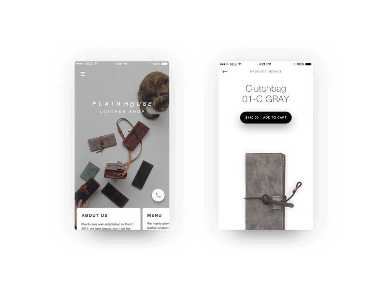House Pages animation app leather motion shopping ui