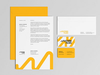 Stationery Design Mustard Films branding business card design identity letter m letterhead logo logo design m minimal mustard stationery design typography vector