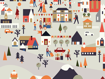 Village between the mountains cabin city graphic illustration mountain village mountains village water