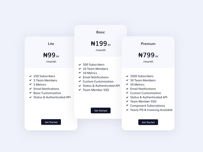 Pricing cards design