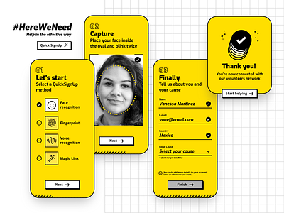 #HereWeNeed - Daily UI #001 001 app biometrics brutalist dailyui design donation usability flat mobile non-profit quick sign up signup ui design ui ux ideas uiux ux ux design yellow
