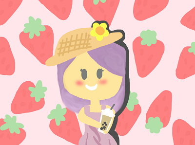 strawberry girl with boba tea boba tea cute cute art girl girl character girl illustration illustration pink strawberry