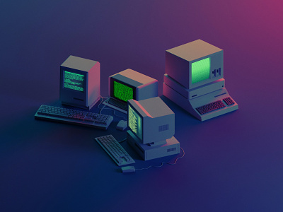 The retro computers 3d 80s blender blendercycles computers hacker illustration isometric low poly myanmar neon retro tech