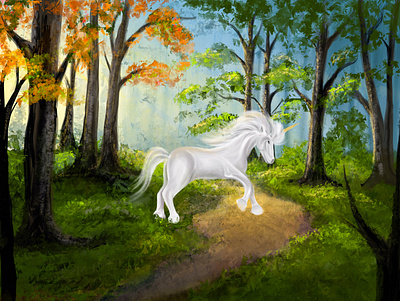 A unicorn in the woods. 2d illustration art charater design forest graphic design illustraion illustrator jungle landscape procreate procreate brushes scenery unicorn