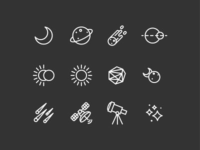 Space Icons asteroid comet eclipse icons illustration minimal moon planet satellite simplified space stars sun telescope vector