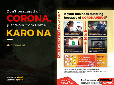 Don't be scared of corona, just work from home karo na. banner businesstips corona virus design facebook layoutdesign post socialmedia socialmediaads workfromhome