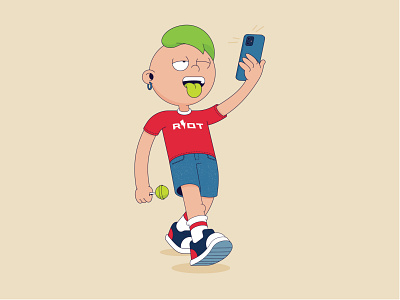 Riot boy cartoon character flat guy haircut hairstyle illustration iphone lollypop phone punk riot rollingstones selfie takephoto teenager tongue vector walk