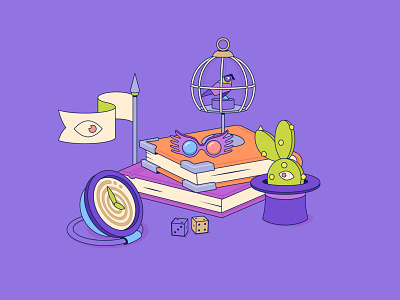 The Magician bird book cactus cage design dice flat hat illustration juggle magic magichat magician magictable origami rabbit trick vector violet workspace