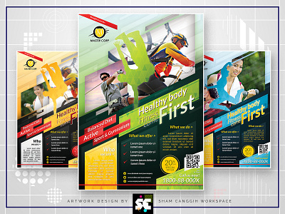 Sports & Fitness Flyer/Magazine Ads active ad advert advertisement blue brochure business buy clinic company corporate creative diet dumbbell exercise fat fit green gym health