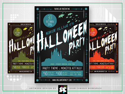 Halloween Party Flyer bash blue brochure cartoon castle classic creative dracula freak fright ghost grave green head horror illustration invitation mansion music night