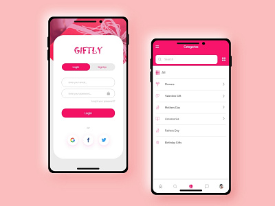 Gifts App Login and Categories Design design gift app login login form login screen minimalist mobile mobile app mobile app design mobile design mobile ui mockup modern motion ui ui ux ui design uidesign uiux ux