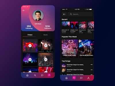 Music App Profile and Search screens