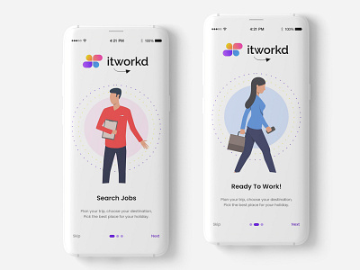 Onboarding screens designed for itworked social media job portal