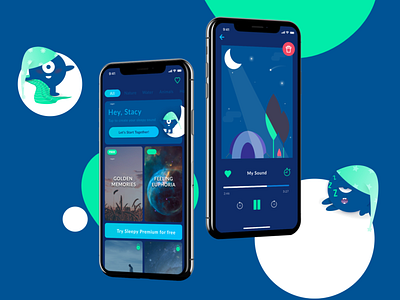 Sleepy Relaxation App alarm anxiety app application asmr bed time calm card dark ui illustration ios meditation mobile app nature nature sounds premium relax sleep sleep better ux ui